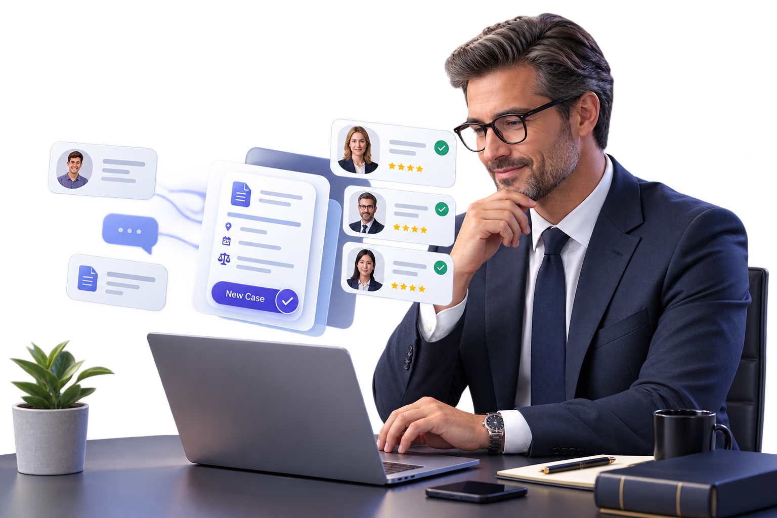 A lawyer reviewing an incoming client case summary on Legygo